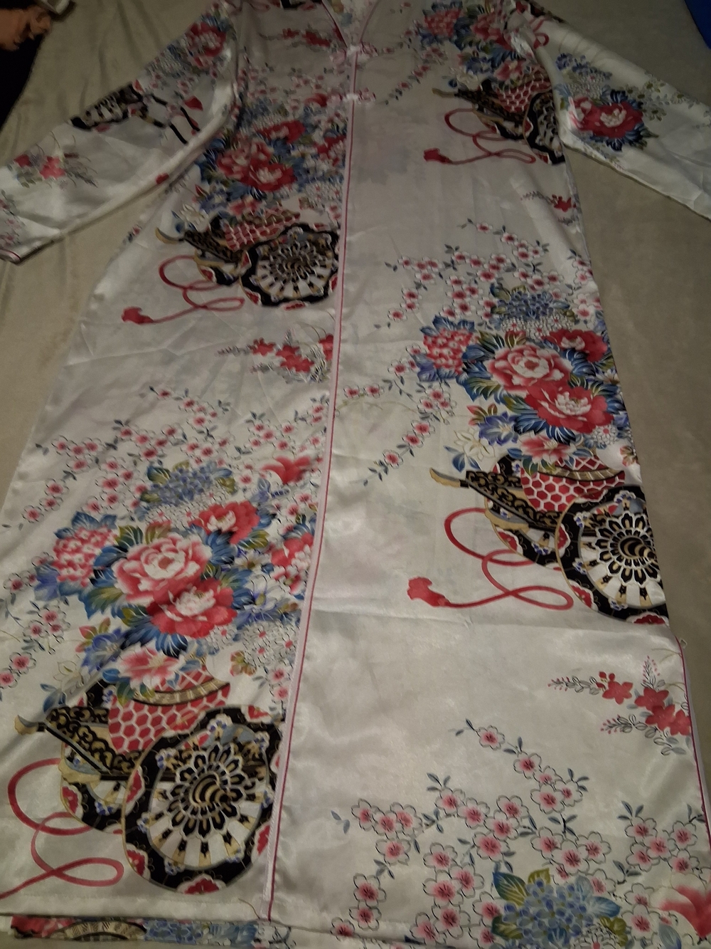 SHANG HAI CITY- Ivory Floral Satin Long Robe with Mandarin Collar - Picture 7 of 10